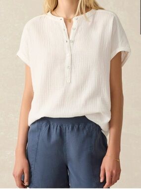 Faherty Dream Cotton Gauze Desmond Popover Top — White — Size M — NWOT